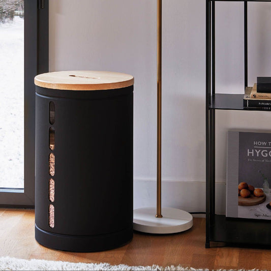 Réserve à granulés OCTARIS - Acier Gris Sablé / Couv. Bois - Idéal pour 2 sacs de granulés de 10kg